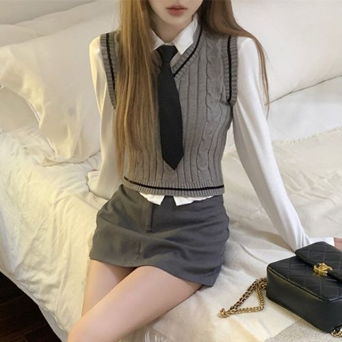 Set: Long-Sleeve Plain Button-Up Shirt + V-Neck Contrast Trim Sweater Vest  + High Waist Plain Mini Pencil Skirt + Neck Tie