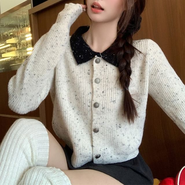 Allinya-Contrast Collar Melange Ribbed Cropped Button-Up Top