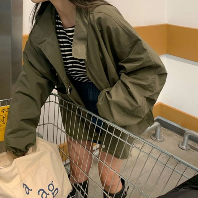 Jesong-Stand Collar Plain Drawstring Zip Jacket