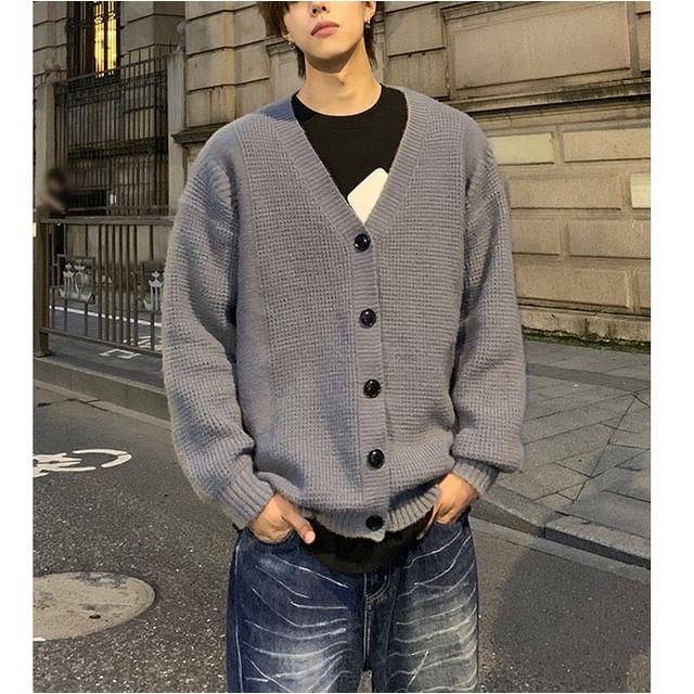 Bay Go Mall V-Neck Plain Waffle Knitted Cardigan YesStyle