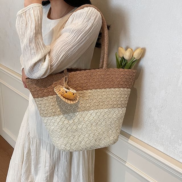 KOCORE-Color Block Straw Basket Tote Bag