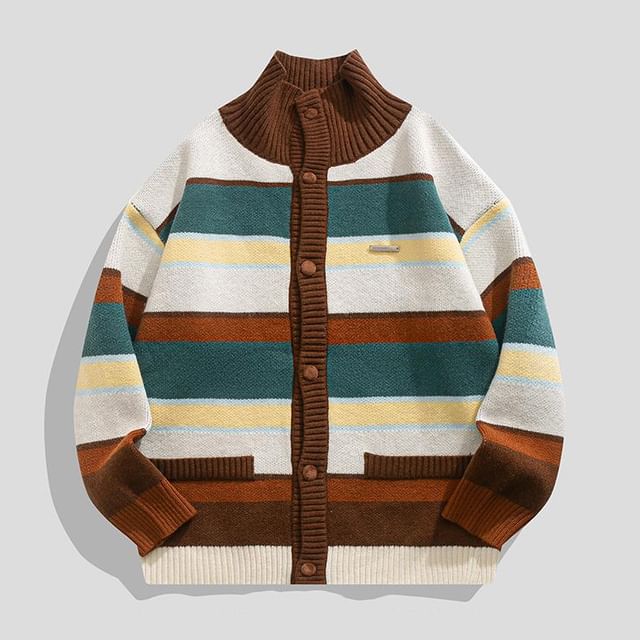 purplelouve-Stand Collar Striped Cardigan