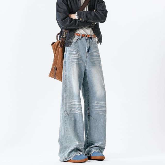 Naideth-Mid Rise Washed Wide Leg Jeans