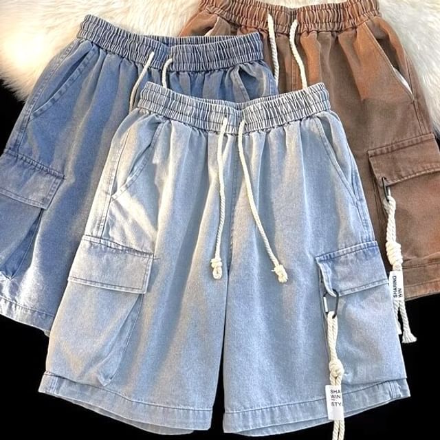 farrahces-Drawstring Waist Washed Denim Shorts