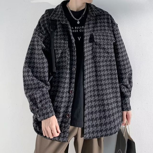 Ateso-Houndstooth Woolen Oversized Shirt Jacket