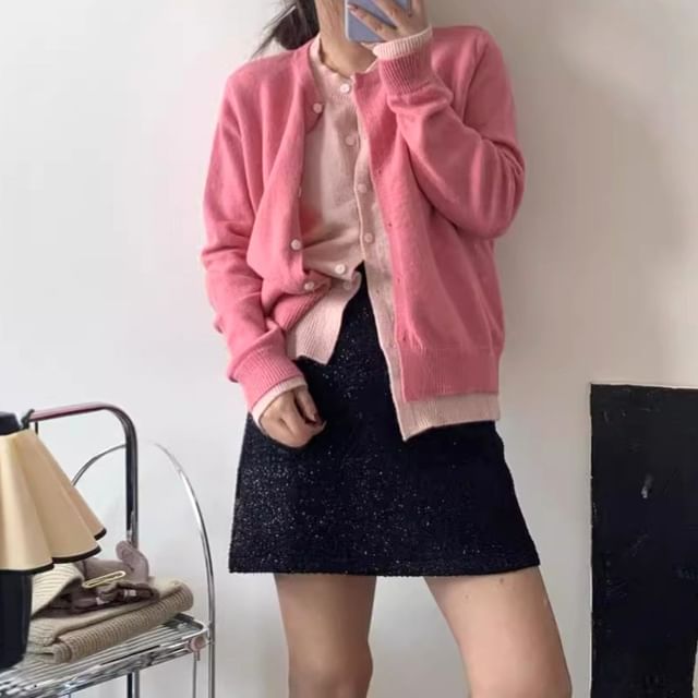 Hevnir-Round Neck Mock Two Piece Cardigan
