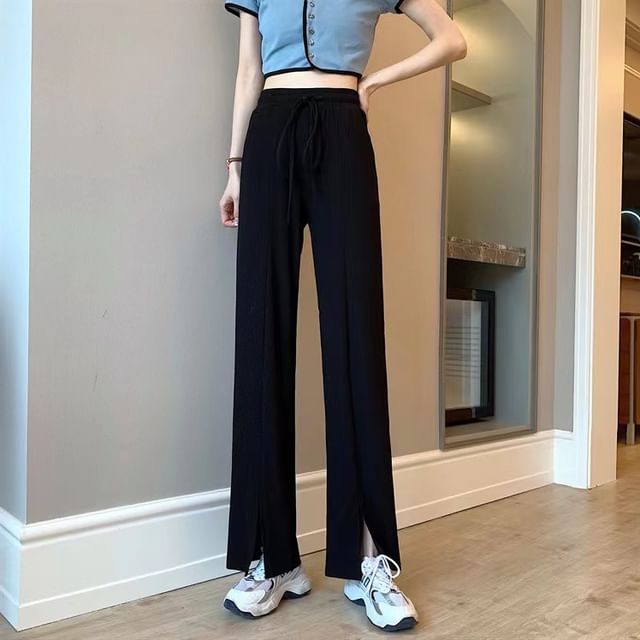 Dovitade-Drawstring Waist Plain Slit Straight Leg Pants