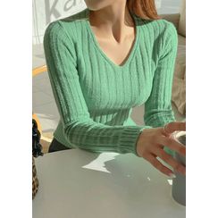 chuu - V-Neck Fitted Rib-Knit Top chuu - V-Neck Fitted Rib-Knit Top