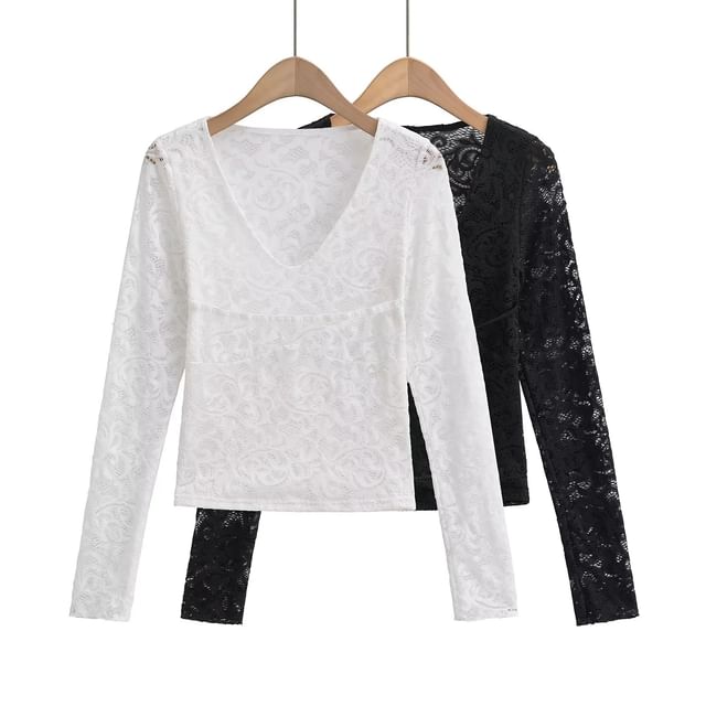 Asiris-Long-Sleeve V-Neck Lace Top