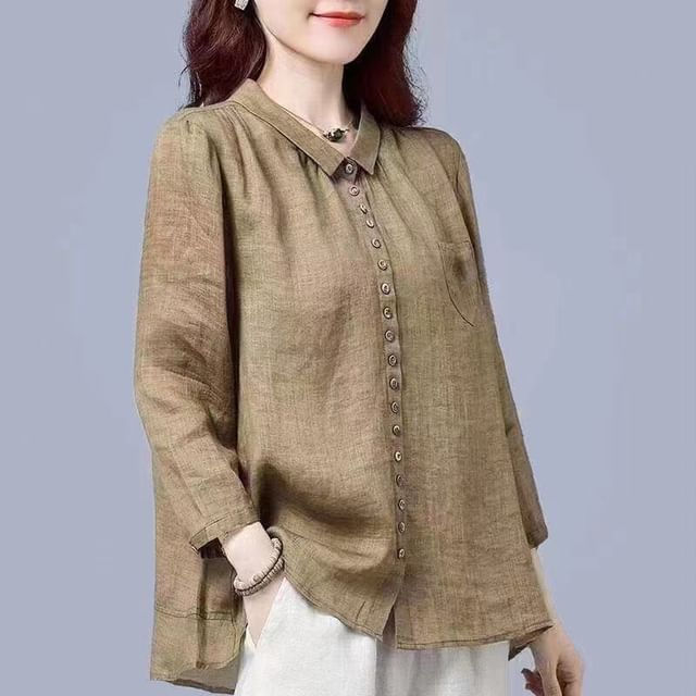 Lewwe-Bracelet Sleeve Collared Plain Blouse
