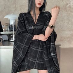 Karnel - V-Neck Plaid Loose-Fit Cape Karnel - V-Neck Plaid Loose-Fit Cape