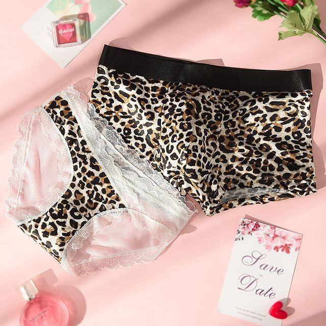 Pancherry - Couple Matching Set: Leopard Print Boxer Briefs + Lace