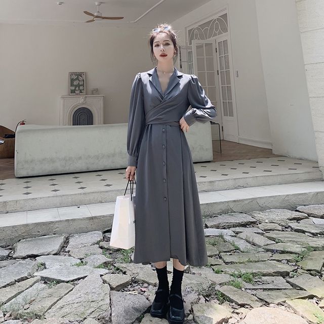 Tzarkozy Long-Sleeve Lapel Collar Plain Midi A-Line Shirt Dress