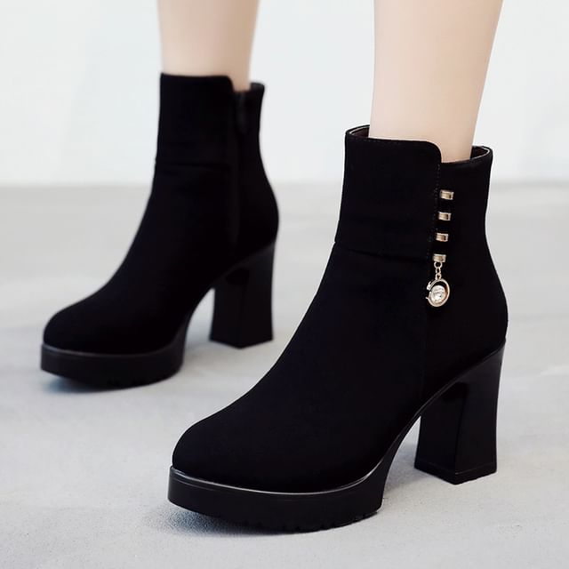 Freesia-Chunky Heel Plain Rhinestone Accent Short Boots