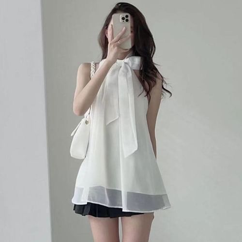 Kira Kira - Sleeveless Ribbon Tie Neck Plain Blouse | YesStyle
