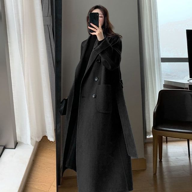 Frigga - Plain Tie Waist Maxi Double-Breasted Coat | YesStyle
