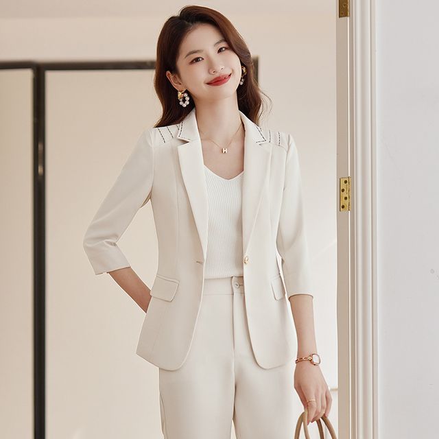 Skyheart-34-Sleeve Plain Blazer Tapered Slacks Set