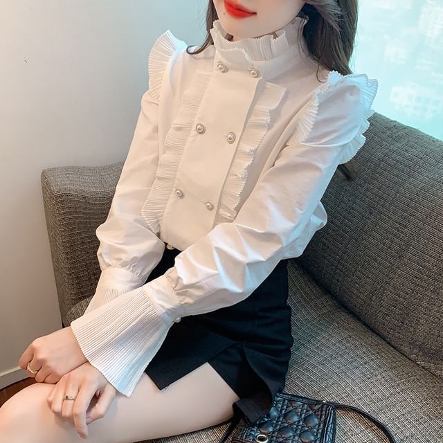 Dragan Pulse-Long-Sleeve Plain Ruffle Trim Double-Breasted Blouse