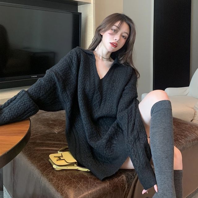 Saccharine LongSleeve Plain Cable Knit Sweater YesStyle