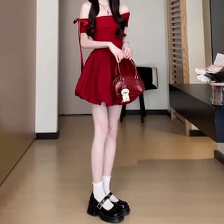OUREA Short-Sleeve Off-Shoulder Plain Bow Accent Bubble Hem Mini A-Line Dress Sale