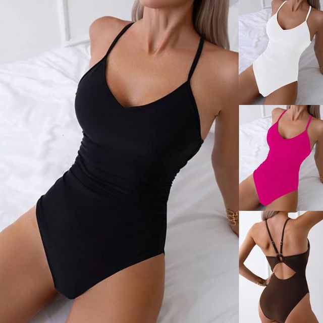 tropibreeze-V-Neck Plain Swimsuit
