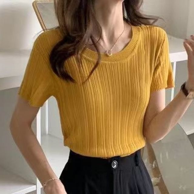Sisyphi-Short-Sleeve Crewneck Ribbed Plain Knit Top