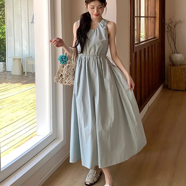 Tzarkozy-Sleeveless Round Neck Plain Ruched Drawstring Waist Maxi A-Line Dress