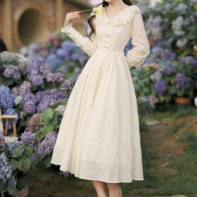 Back Bow Neck Dress Nebbia Long Sleeve Collared Plain Bow Ruffle Midi  A-Line Dress YesStyle