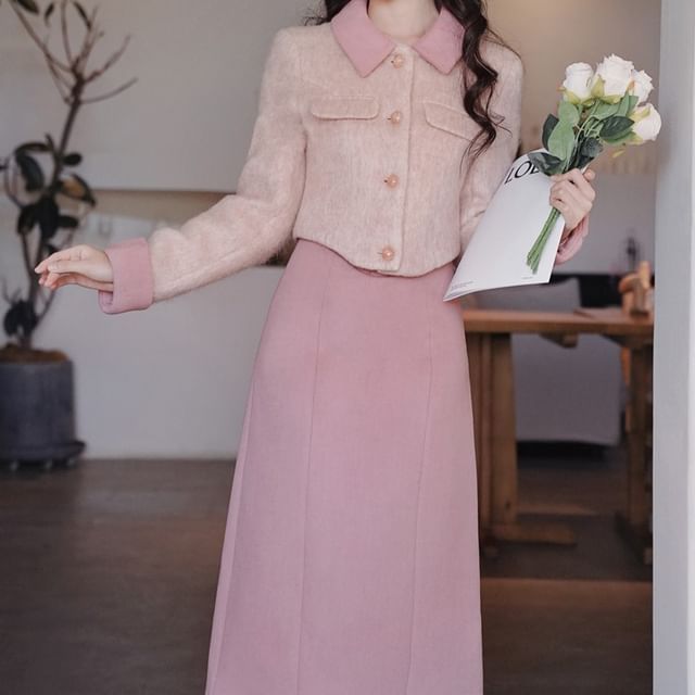 Nebbia-Collared Contrast Trim Button-Up Crop Jacket High Rise Plain Midi A-Line Skirt Set