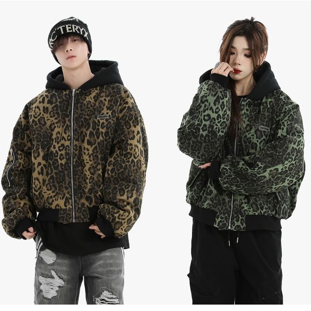 Banash-Couple Matching Leopard Print Zip-Up Hoodie