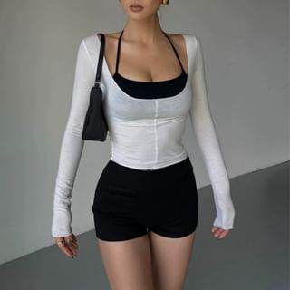 Arigne Set: Long-Sleeve Scoop Neck Plain T-Shirt + Sports Bra Top Sale