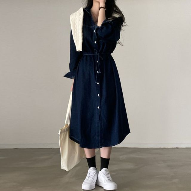 MIKIGA - Long-Sleeve Collared Tie Waist Midi A-Line Denim