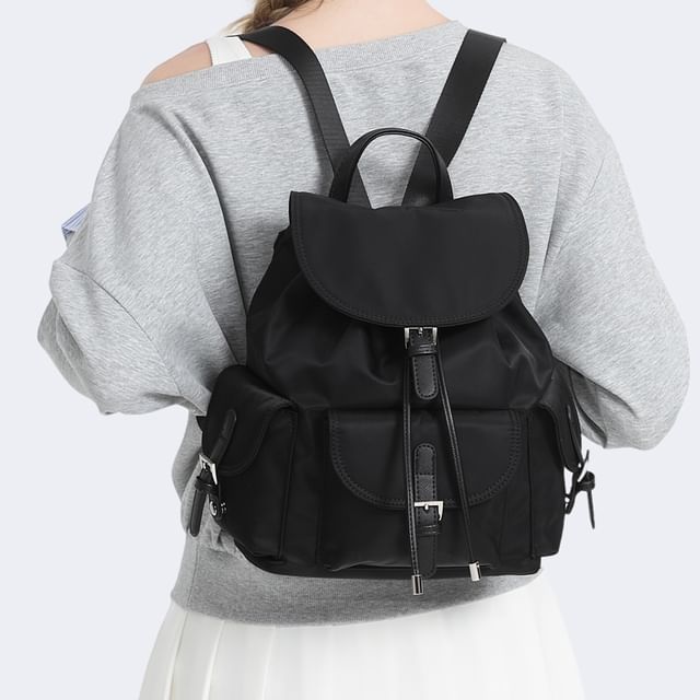Melois-Plain Flap Drawstring Buckle Backpack