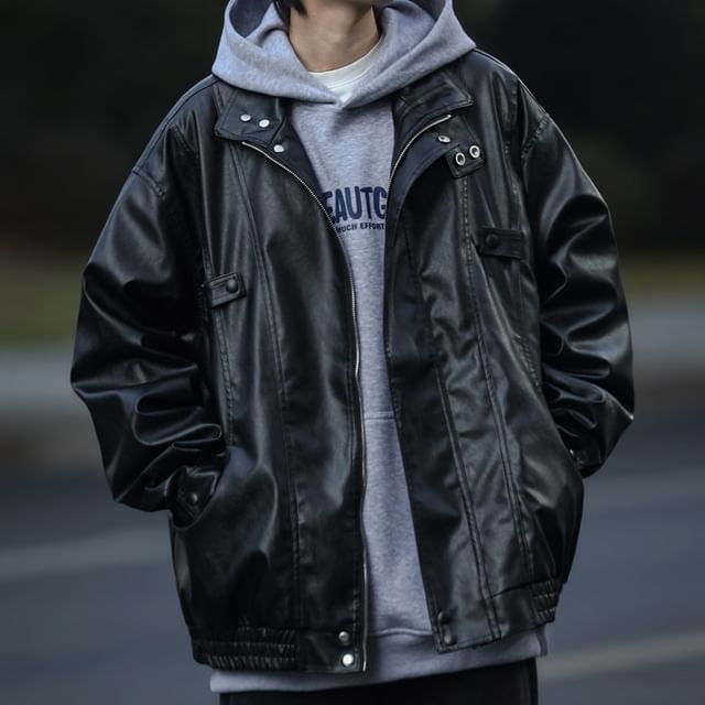 Macho-Stand Collar Plain Zip-Up Faux Leather Jacket