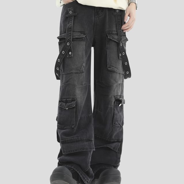 INStudio-Mid Rise Washed Straight Leg Cargo Jeans
