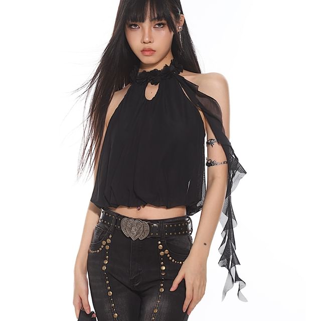 AXEN-Sleeveless Keyhole Ruffle Trim Plain Top