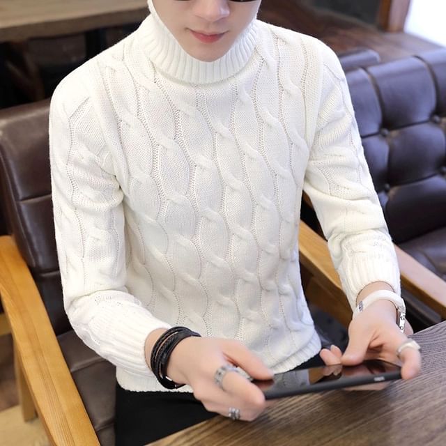 FORSETI-Turtleneck Plain Cable Knit Sweater