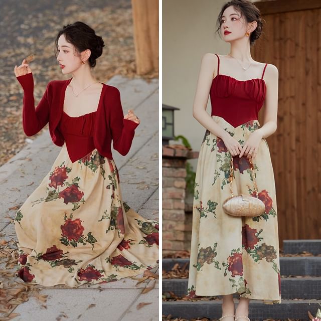 Spaghetti Strap Floral Maxi Sheath Dress / Plain Cardigan / Set