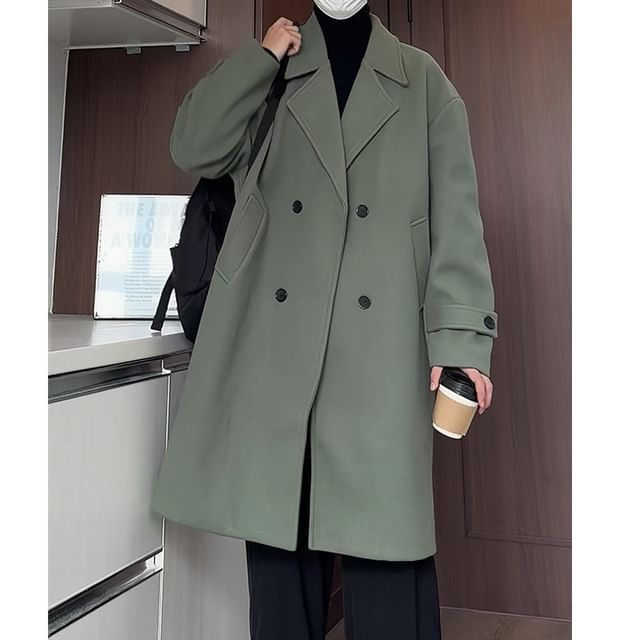 Ninine-Notch Lapel Double-Breasted Plain Long Coat