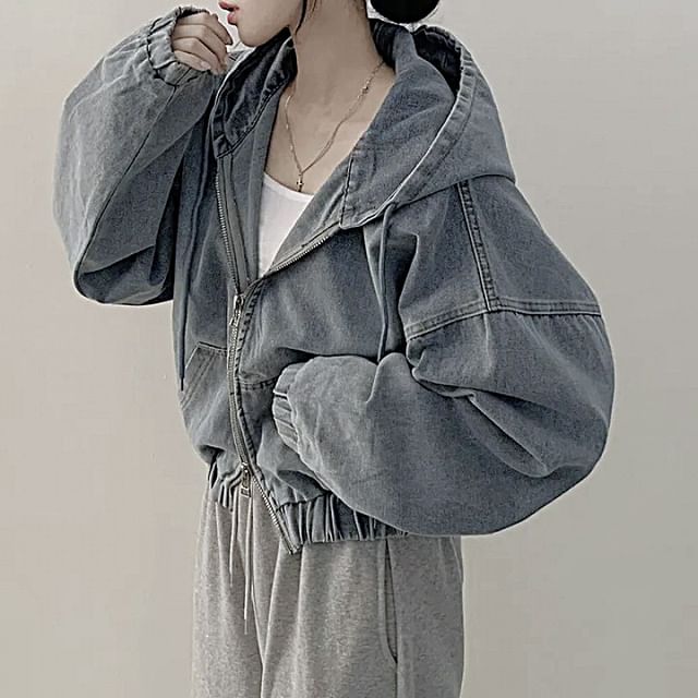 Ashlee-Washed Denim Hooded Zip Jacket