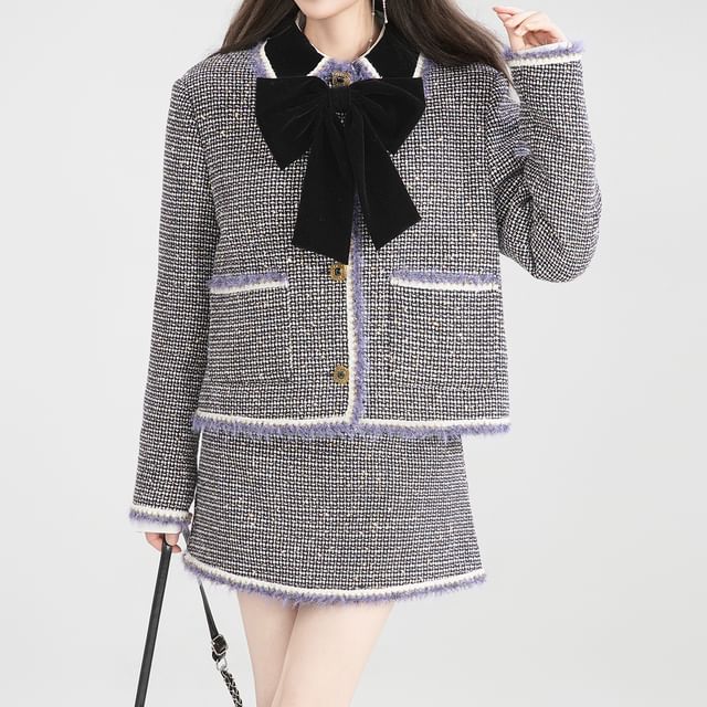 Keiko Girl-Bowknot Houndstooth Button-Up Jacket Mini Skirt