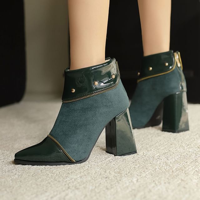 Megan-Block Heel Pointed Denim Short Boots