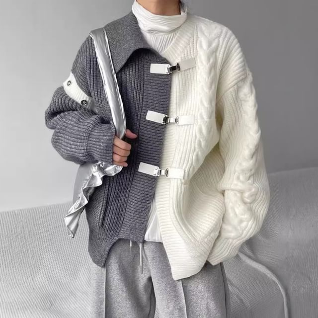 Urtishia-Collared Two Tone Asymmetrical Cable Knit Buckled Cardigan