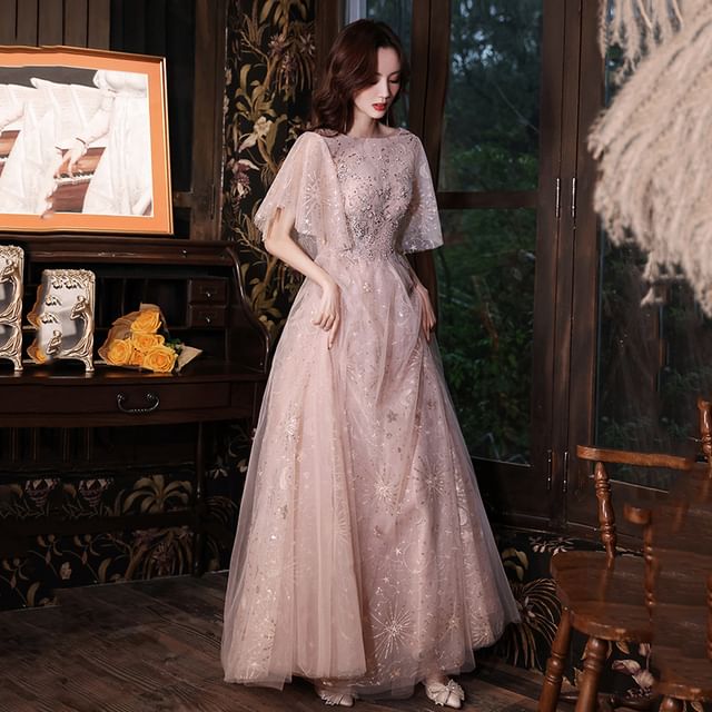 DreesHouse-Elbow-Sleeve Glitter A-Line Evening Gown