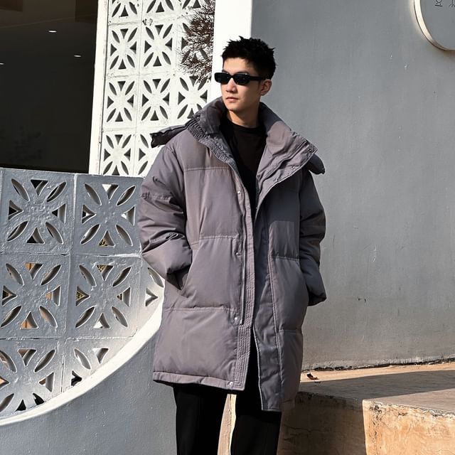 DragonRoad-Stand Collar Hooded Zip-Up Plain Long Puffer Coat