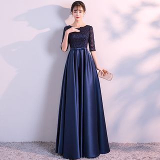 Wonhi - Bow Detail Elbow-Sleeve A-Line Cocktail Dress / Evening Gown ...