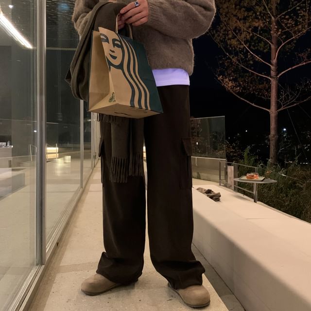 MRCYC-High Waist Plain Wide Leg Cargo Pants