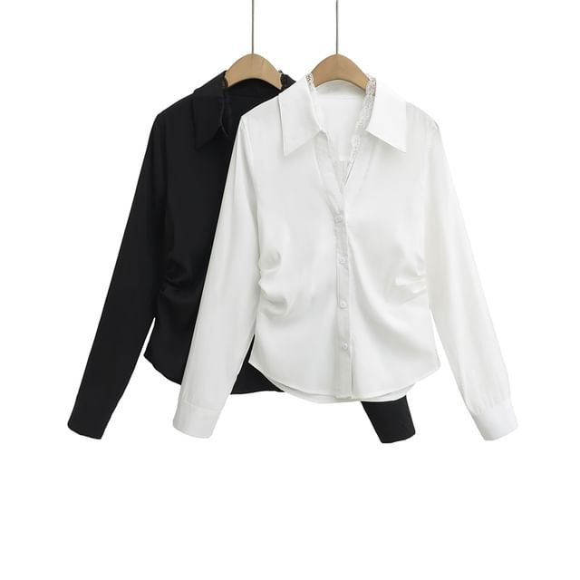 Ulark-Long-Sleeve Collared Plain Ruched Button Up Shirt