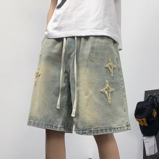 Mimiyox - Drawstring Waist Star Applique Washed Denim Shorts