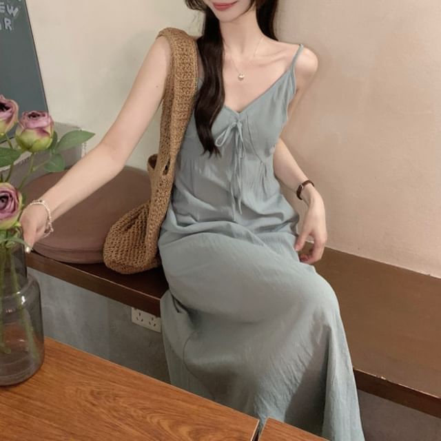 Yako-Spaghetti Strap V-Neck Plain Maxi A-Line Dress